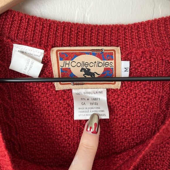 Vintage JH Collectible Western Wool Cable Knit Pocket Crew Neck Sweater Red Med - Picture 5 of 5